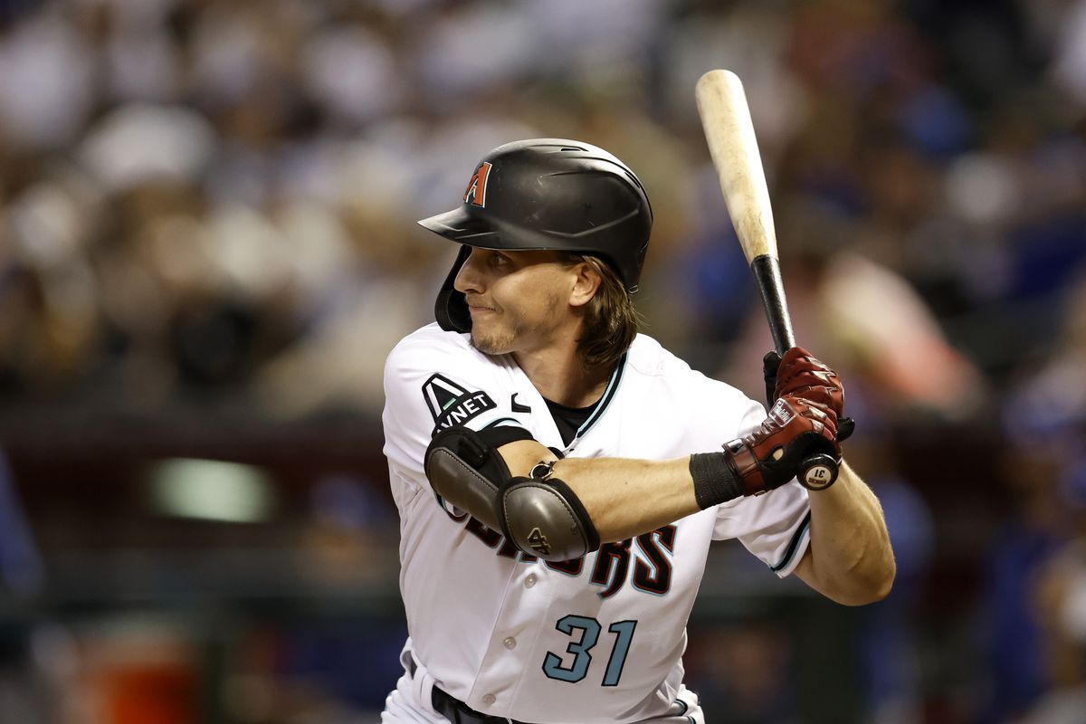 Jake McCarthy of the Arizona Diamondbacks bats against the Los Angeles Dodgers during the game at Chase Field on April 08, 2023 in Phoenix, Arizona. 