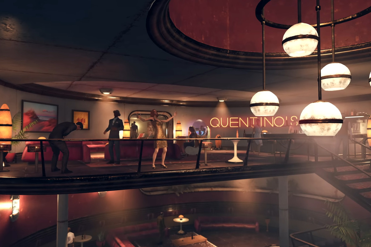 A casino called Quentino’s in Fallout 76’s upcoming Atlantic City Expedition update. Patrons party on an upper floor while gamblers sit at machines and tables on the lower floor.