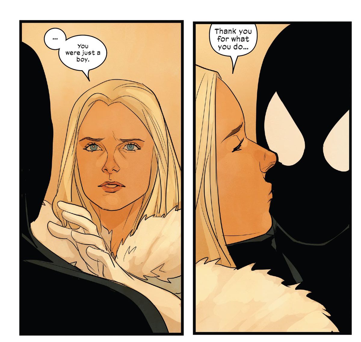 “...You were just a boy,” Emma frost says to Spider-Man, and then kisses him on the cheek and thanks him for what he does as a superhero in Devil’s Reign: X-Men #2 (2022). 