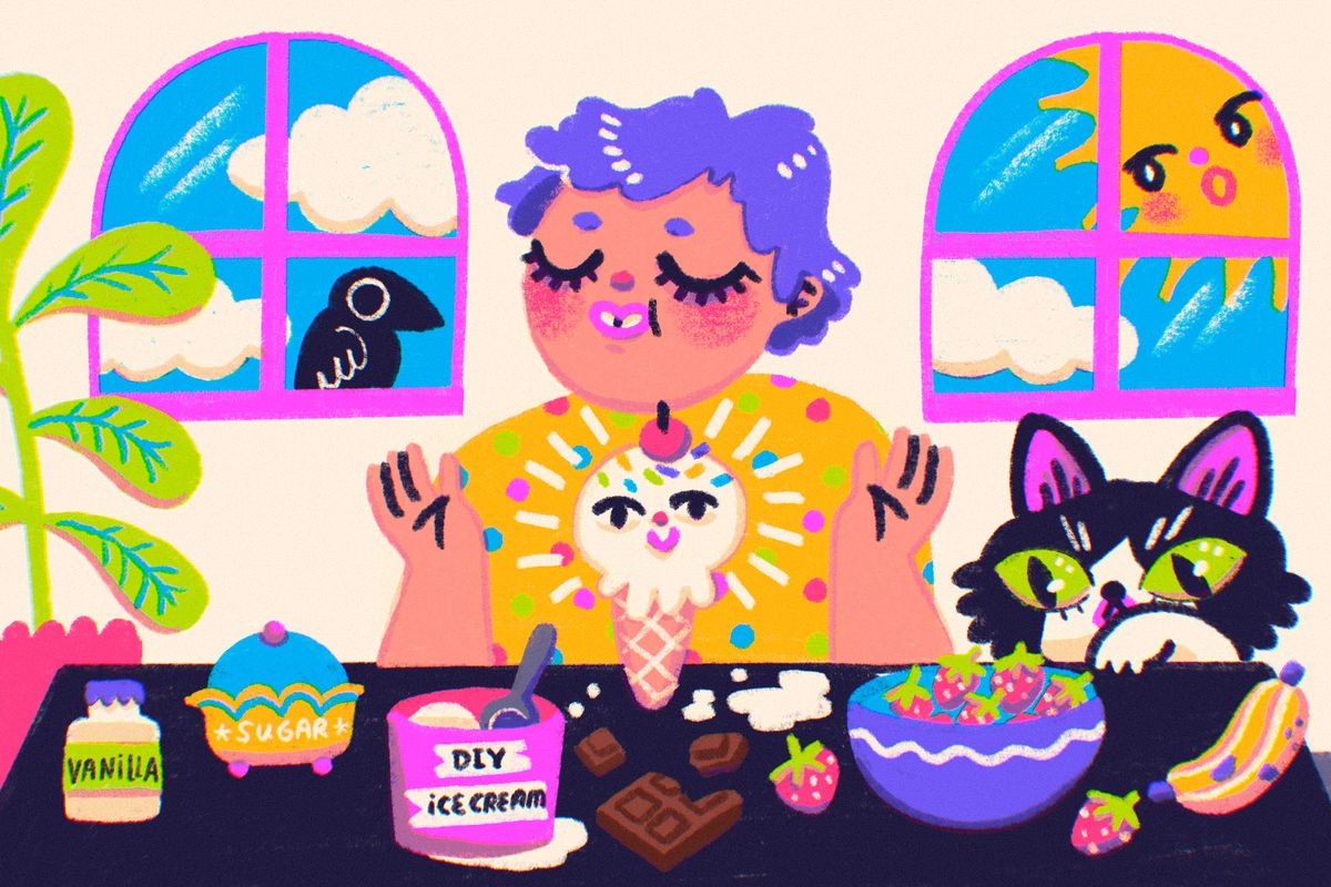 A smiling person and a cat stand over a table of ice cream ingredients. Illustration.