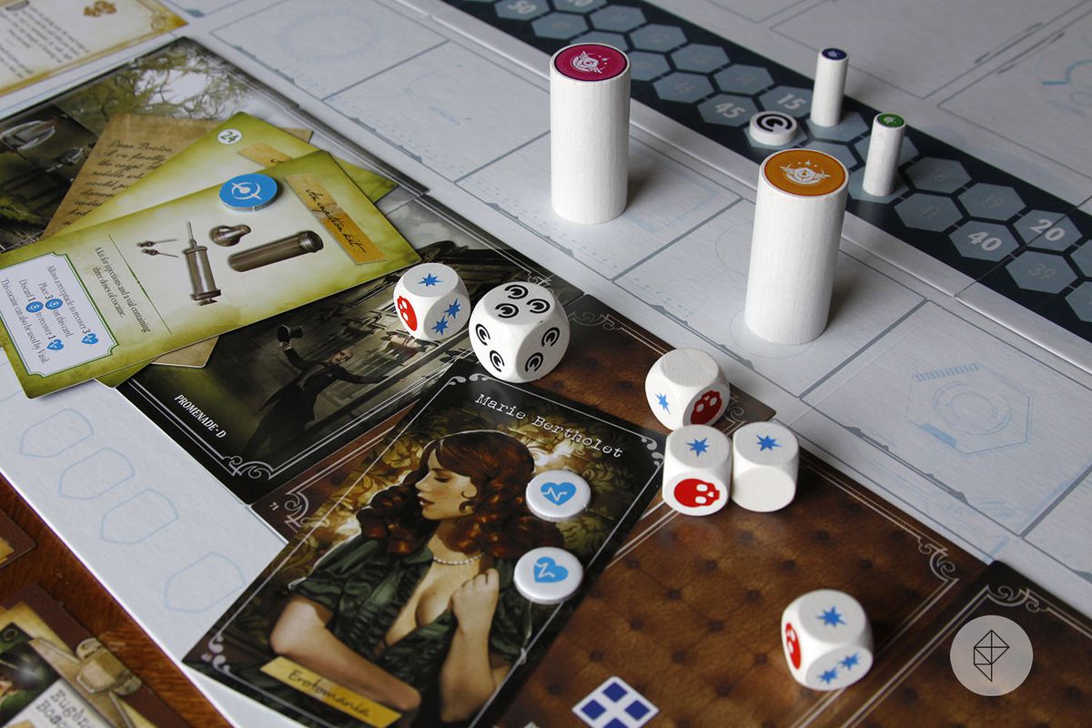 A midgame setup for TIME Stories’ first case, which takes place inside a turn-of-the-century asylum.