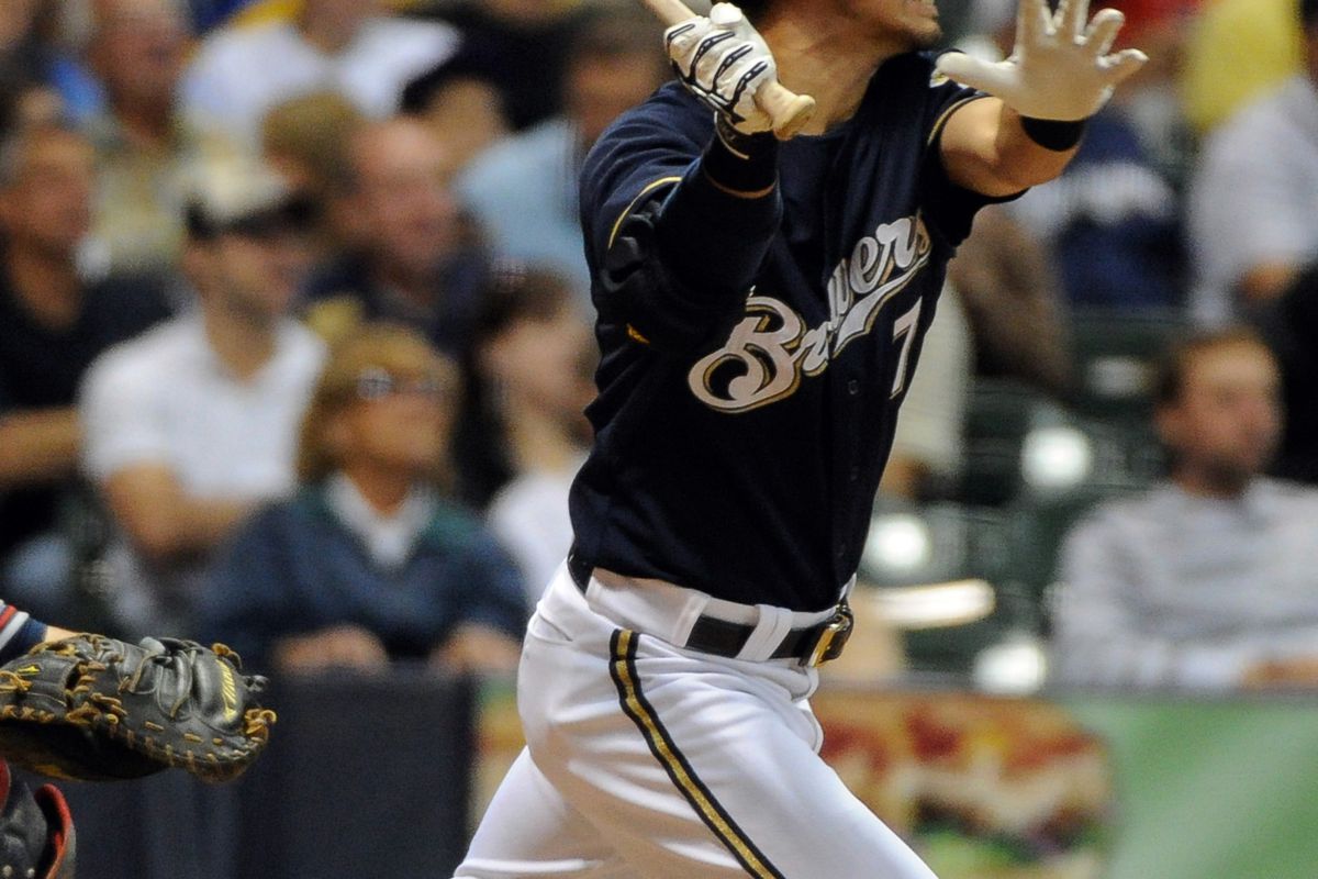 Sept 10, 2012; Milwaukee, WI, USA;   Milwaukee Brewers right fielder Norichika Aoki (7) hits a double in the third inning against the Atlanta Braves at Miller Park.  Mandatory Credit: Benny Sieu-US PRESSWIRE