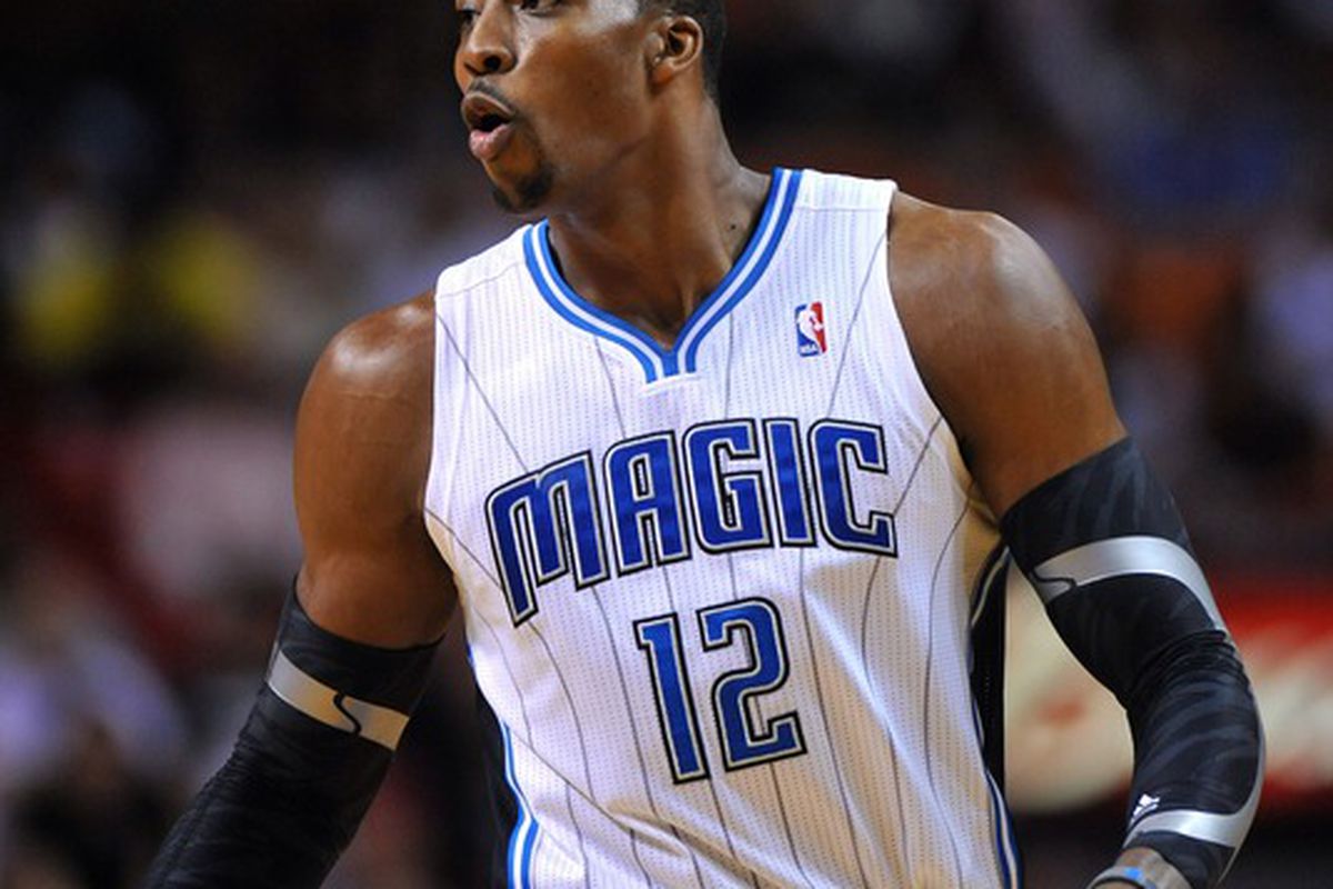 March 18, 2012; Miami, FL, USA; Orlando Magic center Dwight Howard (12) during the first half against the Miami Heat at American Airlines Arena. Heat won 91-81. Mandatory Credit: Steve Mitchell-US PRESSWIRE