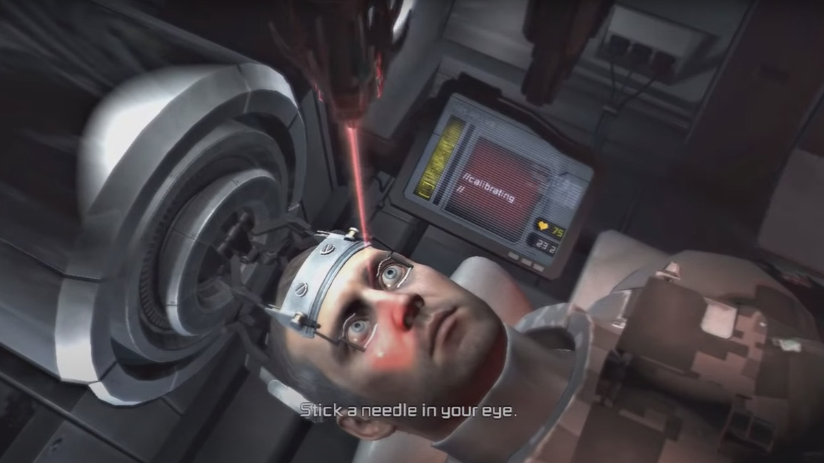 A needle approaches Isaac’s eyeball in Dead Space 2