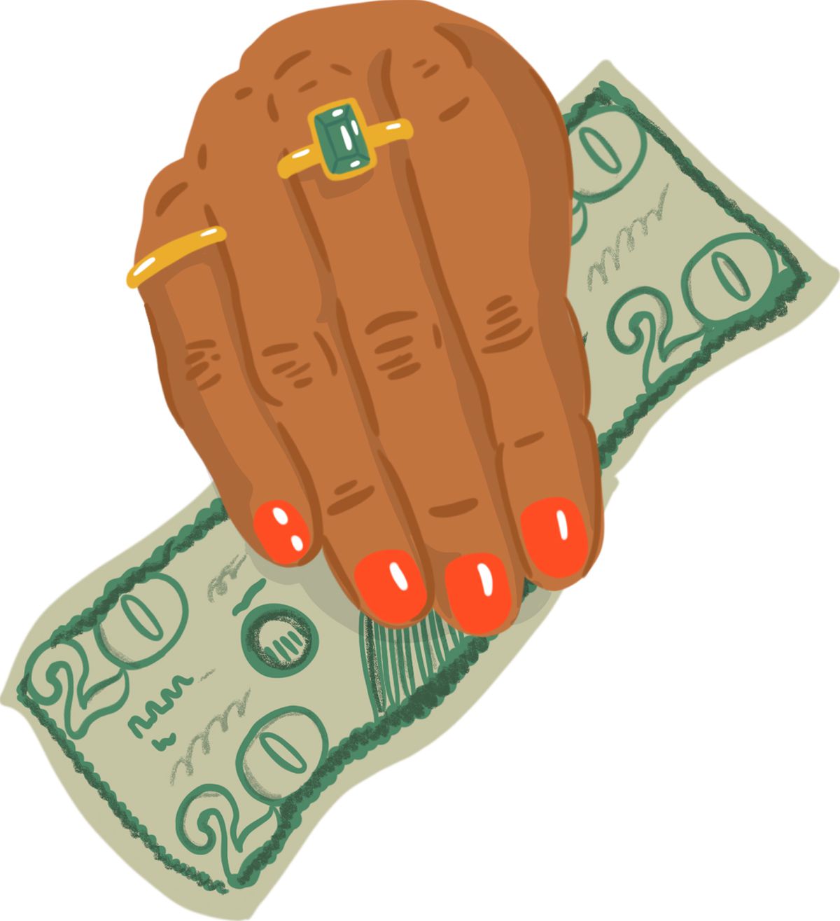 A women’s hand holding a $20 bill