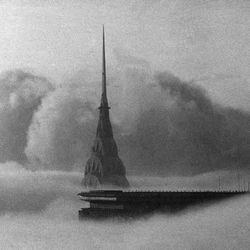 The pointed top of the Chrysler Building and the roof of the Pan Am Building, foreground, in Manhattan are seen above the fog on Feb. 13, 1984. Unseasonal warm weather in the northeast caused fog to roll into New York and closed airports throughout the Midwest and northeast.