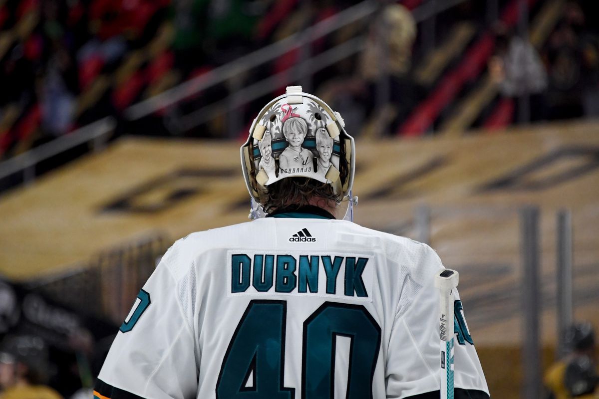 Devan Dubnyk #40 of the San Jose Sharks waits for a review in the second period of a game against the Vegas Golden Knights at T-Mobile Arena on March 17, 2021 in Las Vegas, Nevada. The Golden Knights defeated the Sharks 5-4.