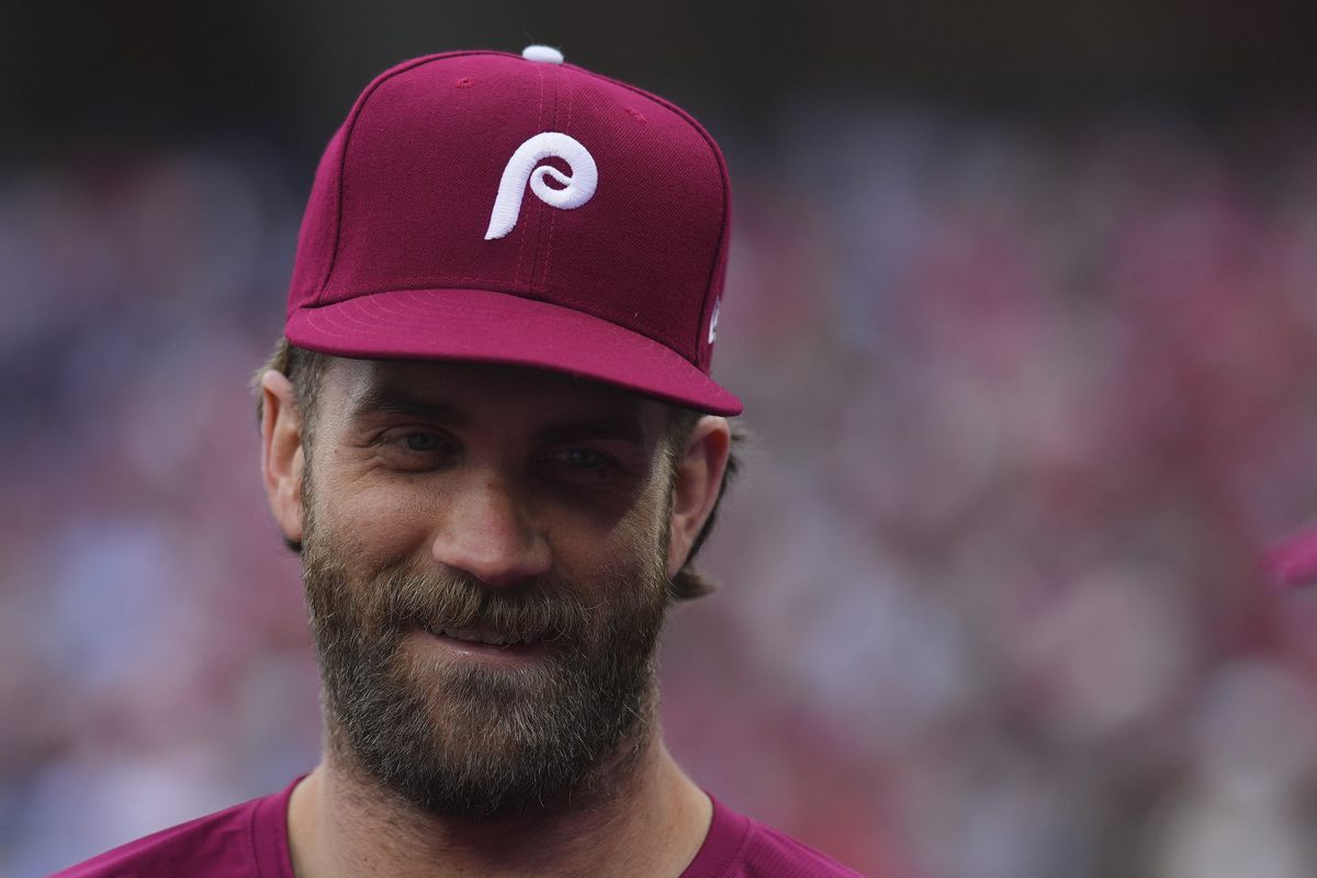 Bryce Harper of the Philadelphia Phillies looks on against the Seattle Mariners at Citizens Bank Park on April 27, 2023 in Philadelphia, Pennsylvania.