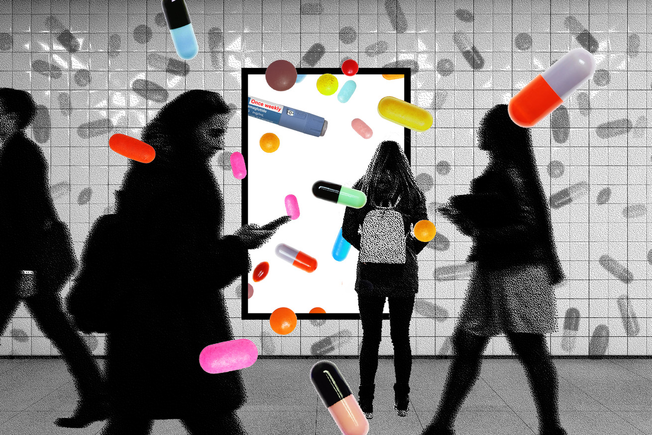 Photo illustration of commuters walking on a subway platform. Pills and medication of various sizes and colors are breaking through a subway and coming toward the viewer.