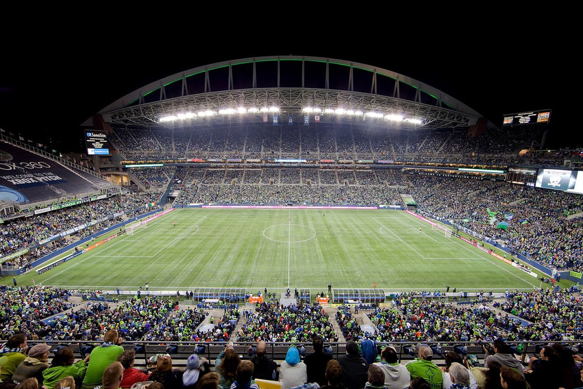 As cool as it would have been, there won't be nearly this many fans in attendance when the Seattle Sounders play Santos Laguna in the CONCACAF Champions League quarterfinals. (Photo by Otto Greule Jr/Getty Images)