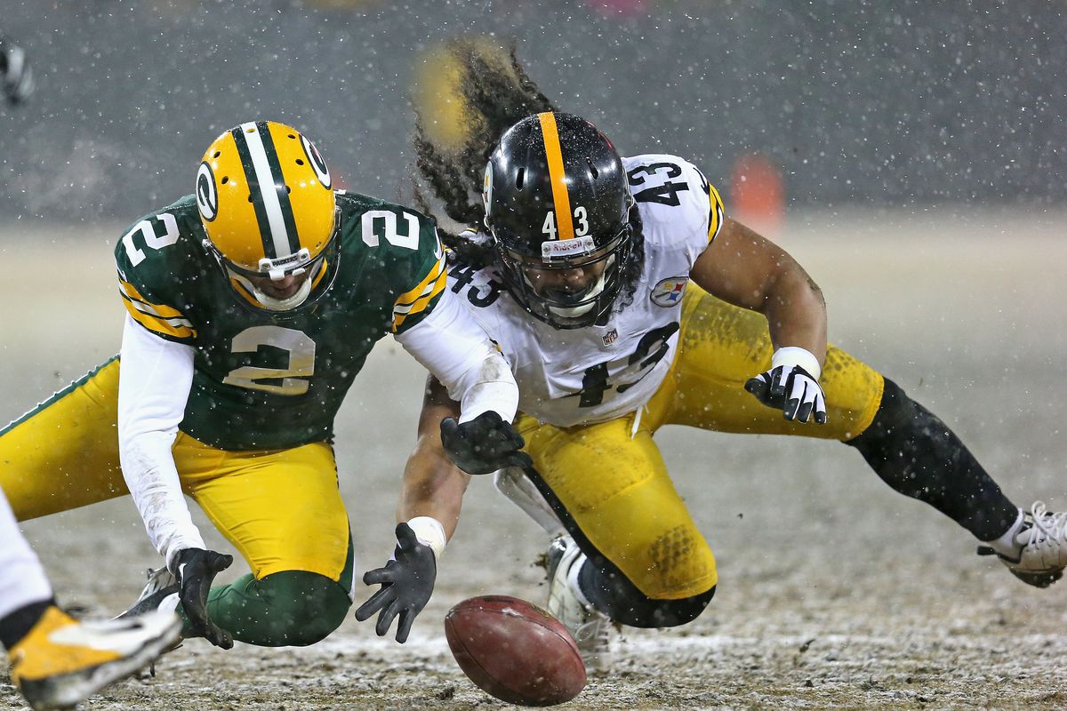 Troy Polamalu goes for a loose ball.