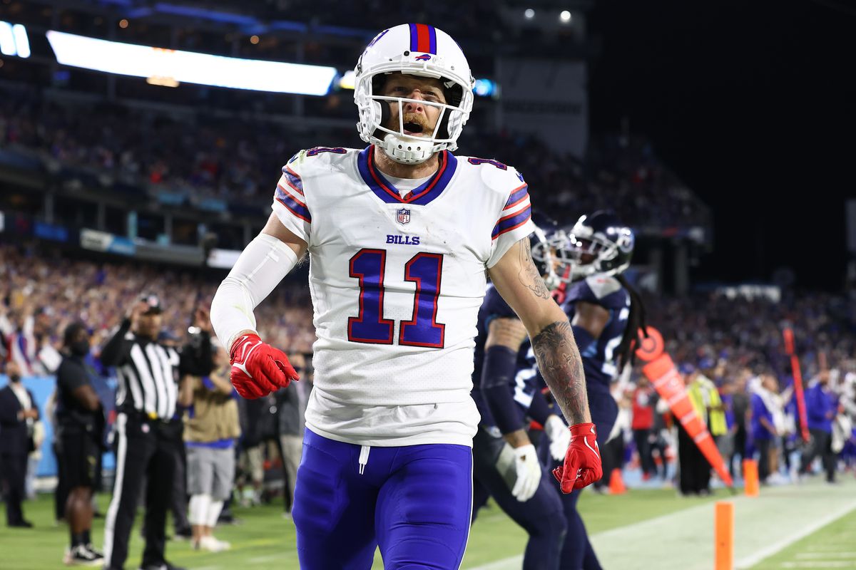 Wide receiver Cole Beasley #11 of the Buffalo Bills celebrates his touchdown against the Tennessee Titans during the second quarter at Nissan Stadium on October 18, 2021 in Nashville, Tennessee.