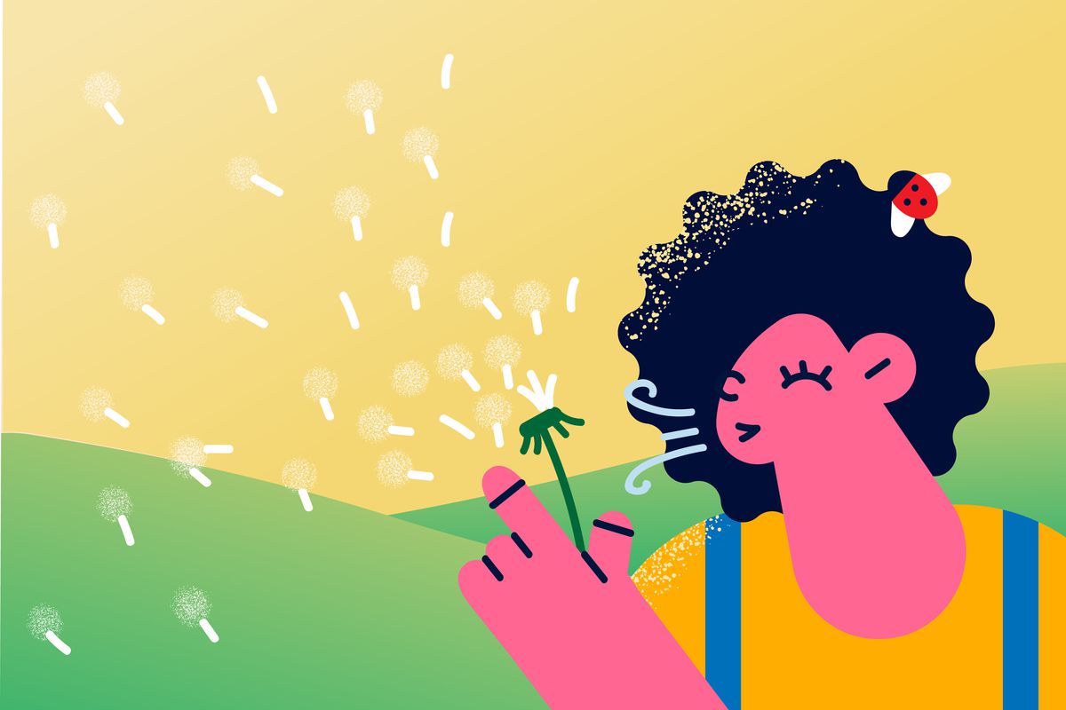 A cartoon drawing of a relaxed girl blowing on a dandelion.