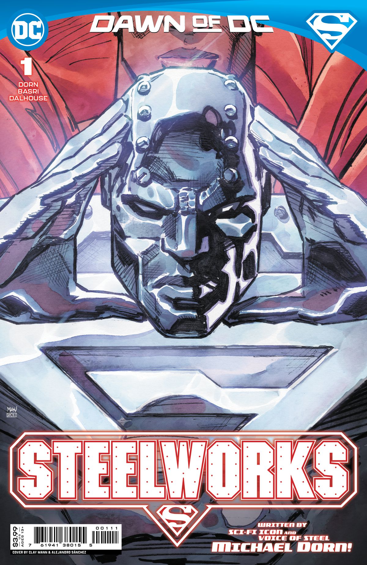 John Irons lowers the gleaming steal faceplate of his super suit from his face on the cover of Steelworks #1 (2023). 