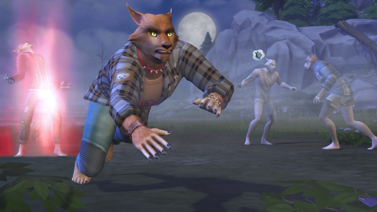 The Sims 4 - A pack of werewolves hang out under a full moon, loping on all fours, howling at the sky, and getting into werewolf fights