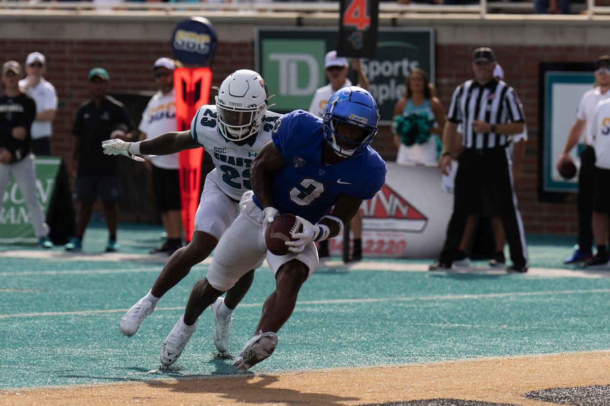 Buffalo Bulls wide receiver Quian Williams scores a touchdown against the Coastal Carolina Chanticleers in the second half at Brooks Stadium.