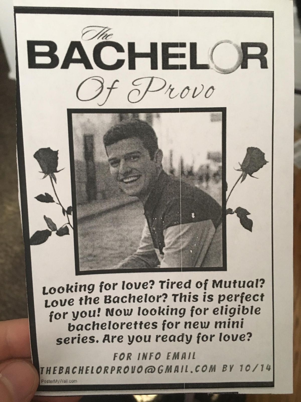 The flyer Remington Butler created and handed out on campus to get applicants for "The Bachelor of Provo."