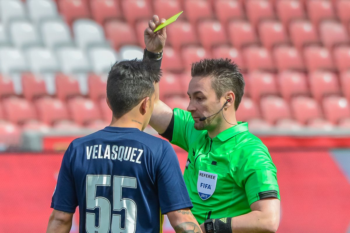 Sebastian Velasquez is shown a yellow card for Real Monarchs.