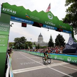 Riders compete in Stage 7 of the Tour of Utah cycling race in Salt Lake City on Sunday, Aug. 6, 2017.