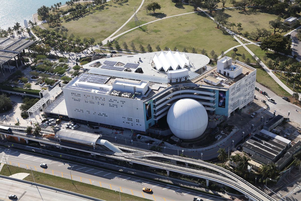 An aerial of the Frost Museum of Science in downtown Miami