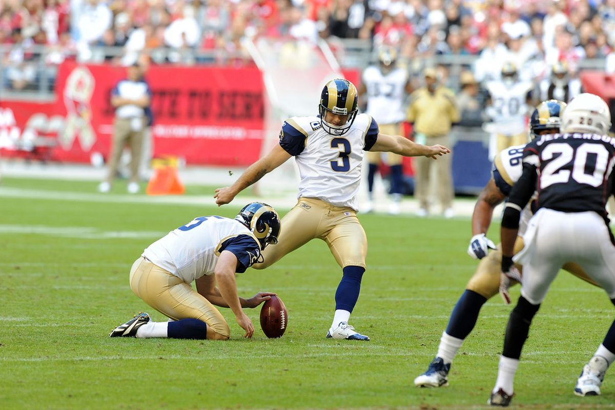 GLENDALE, AZ - NOVEMBER 06: Josh Brown #3 of the St Louis Rams kicks a first half field goal against the Arizona Cardinals at University of Phoenix Stadium on November 6, 2011 in Glendale, Arizona.  (Photo by Norm Hall/Getty Images)