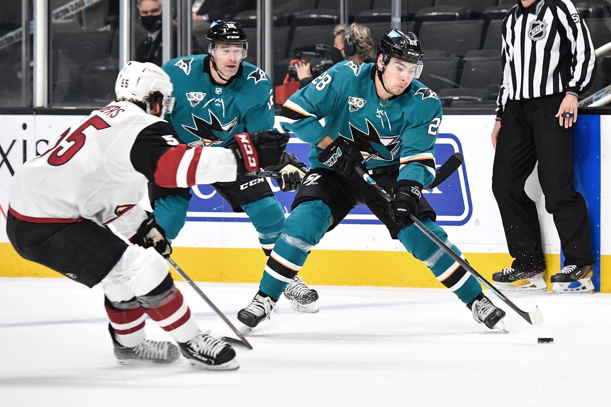 Timo Meier #28 of the San Jose Sharks skates ahead with the puck against the Arizona Coyotes at SAP Center on April 28, 2021 in San Jose, California.