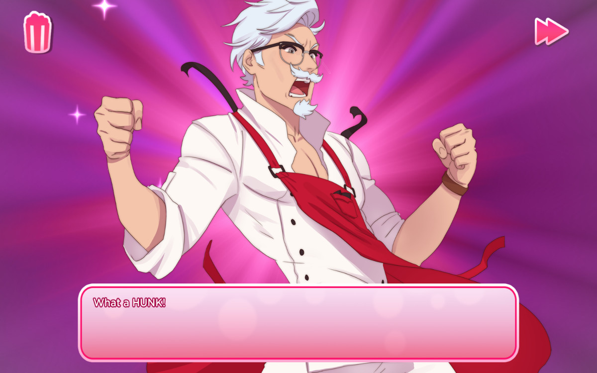 Anime Colonel Sanders showing his chest as his apron rips off.