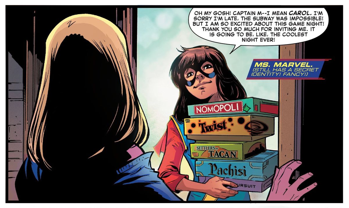 Ms. Marvel arrives to Captain Marvels’ game night with a stack of cleverly off-brand board games with names like “Settlers of Tacan” and “Nomopoli,” in Captain Marvel #17, Marvel Comics (2020). 