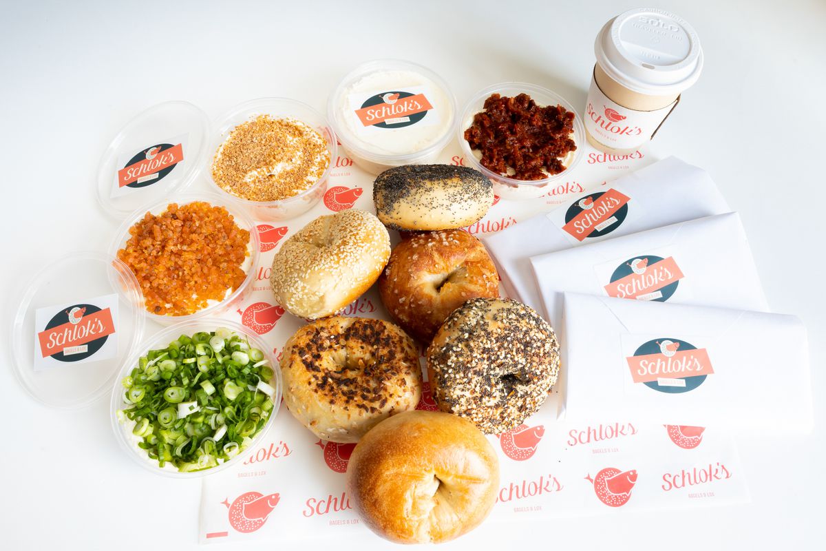 A full spread of Schlok’s bagels, schmear, and coffee.