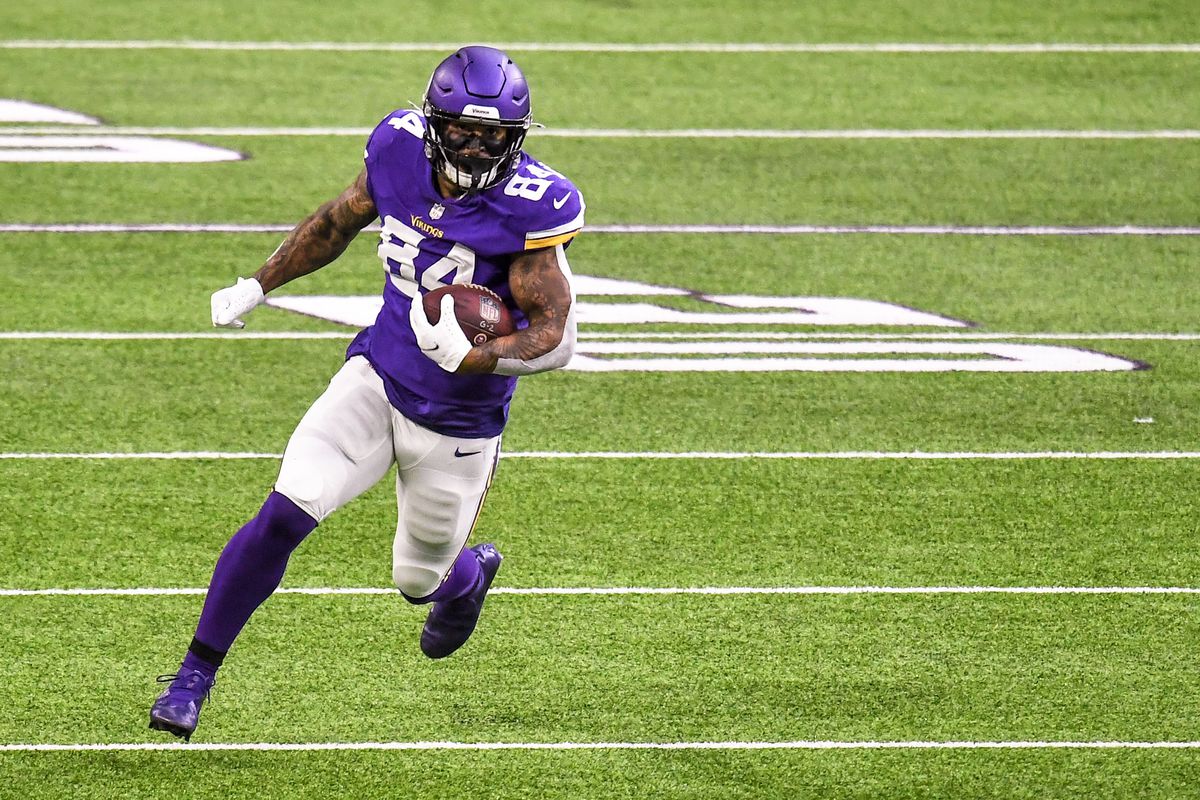 Minnesota Vikings tight end Irv Smith Jr. runs with the ball after a catch for a 36-yard gain in the first quarter against the Atlanta Falcons at U.S. Bank Stadium.&nbsp;