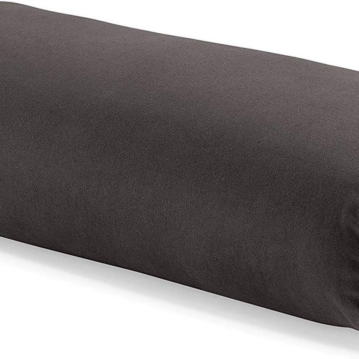 A yoga bolster pillow is long and narrow and charcoal black. 