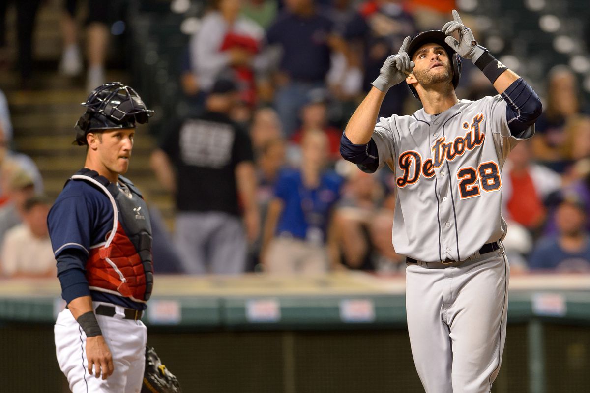 J.D. Martinez celebrates after hitting another ninth inning home run at Progressive Field on September 2, 2014