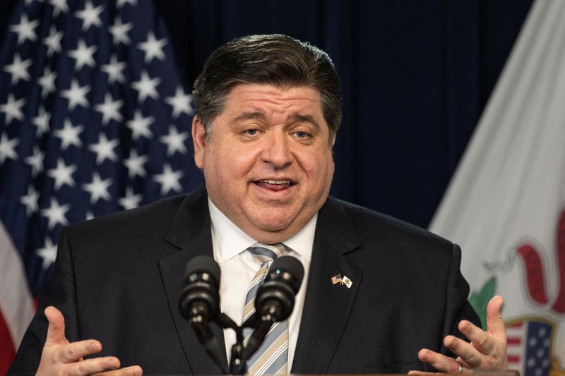Gov. J.B. Pritzker speaks during a news conference at the James R. Thompson Center in the Loop, Thursday afternoon.