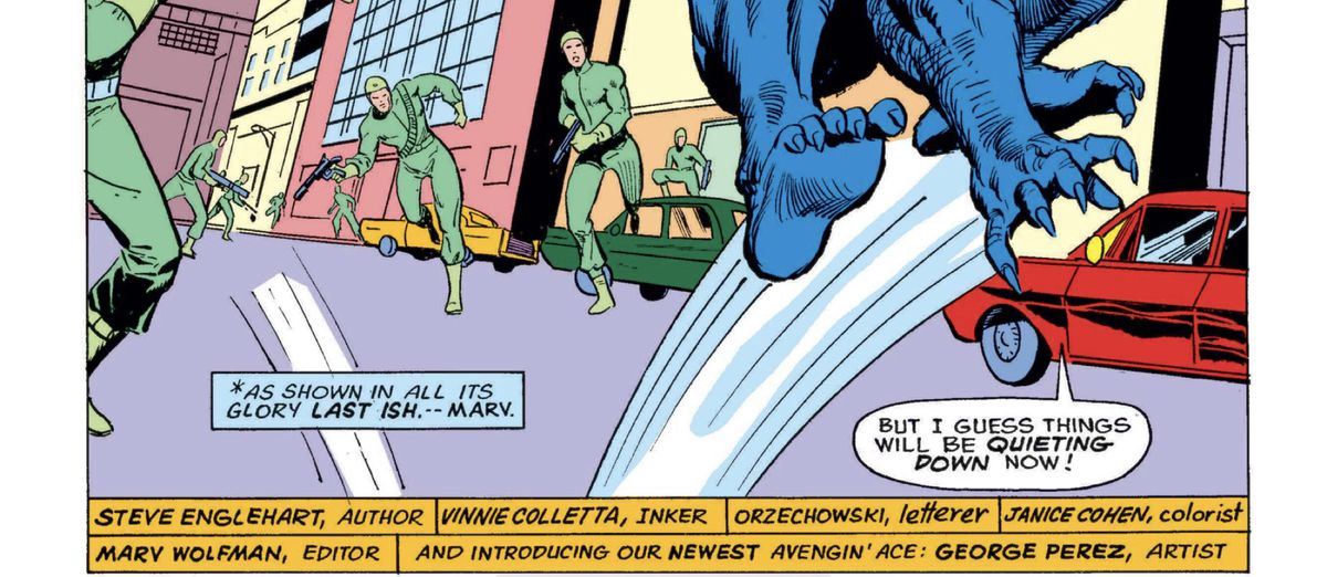 Near the first page of Avengers #141 (1975), with attribution by the creator, ending with the line 