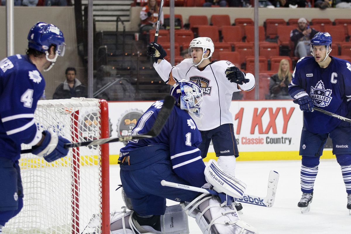 The Marlies and Barons will get all tangled up in Oklahoma City this coming Thursday. It will be a good one. Photo courtesy of <a href="http://www.stevenchristyphotography.com" target="new">Steven Christy Photography.</a> All rights reserved. 