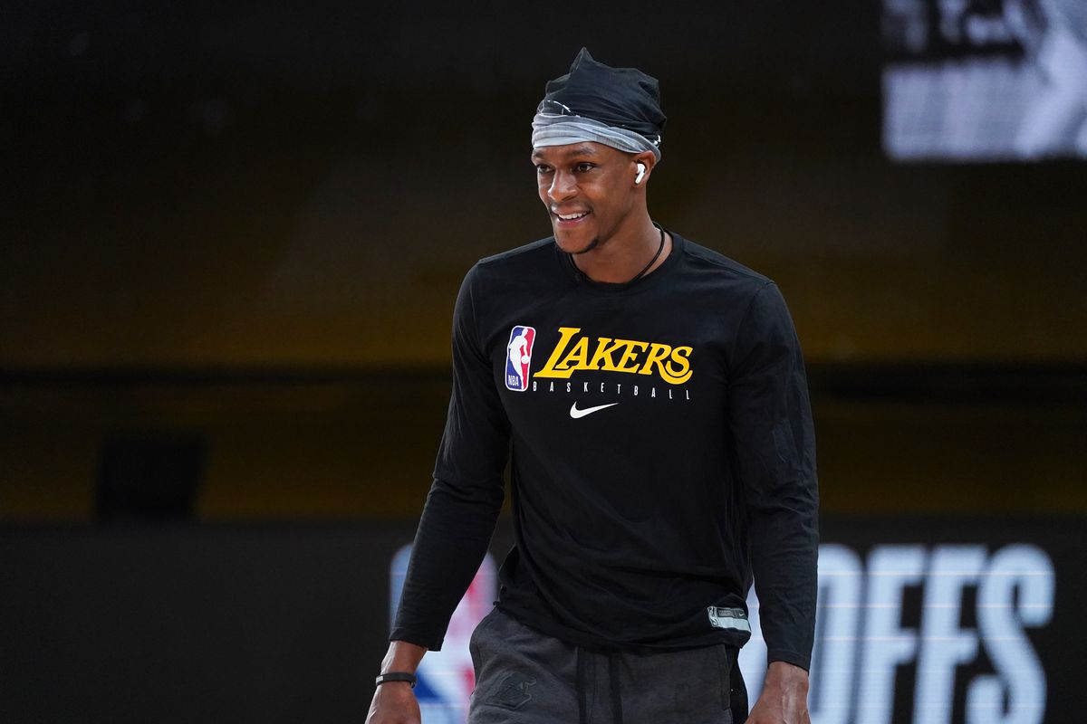 Rajon Rondo of the Los Angeles Lakers warms up prior to a game against the Portland Trail Blazers during Round One, Game One of the NBA Playoffs on August 18, 2020 at the AdventHealth Arena at ESPN Wide World Of Sports Complex in Orlando, Florida.&nbsp;
