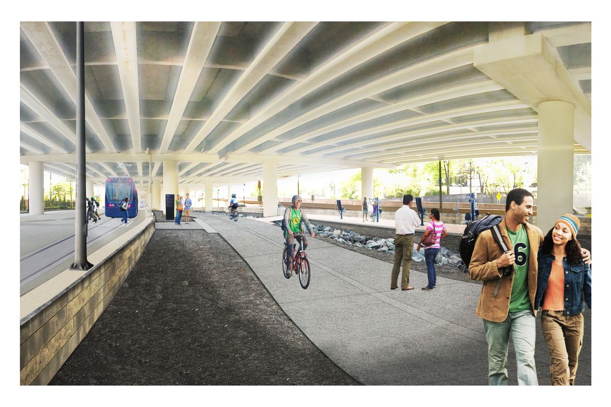 In renderings, a hypothetical streetcar sighting beneath the interstate.
