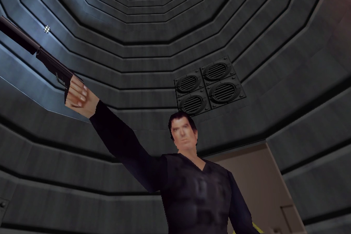 Polygonal James Bond 007 aiming at something in the distance and his hand isnt even holding the gun.