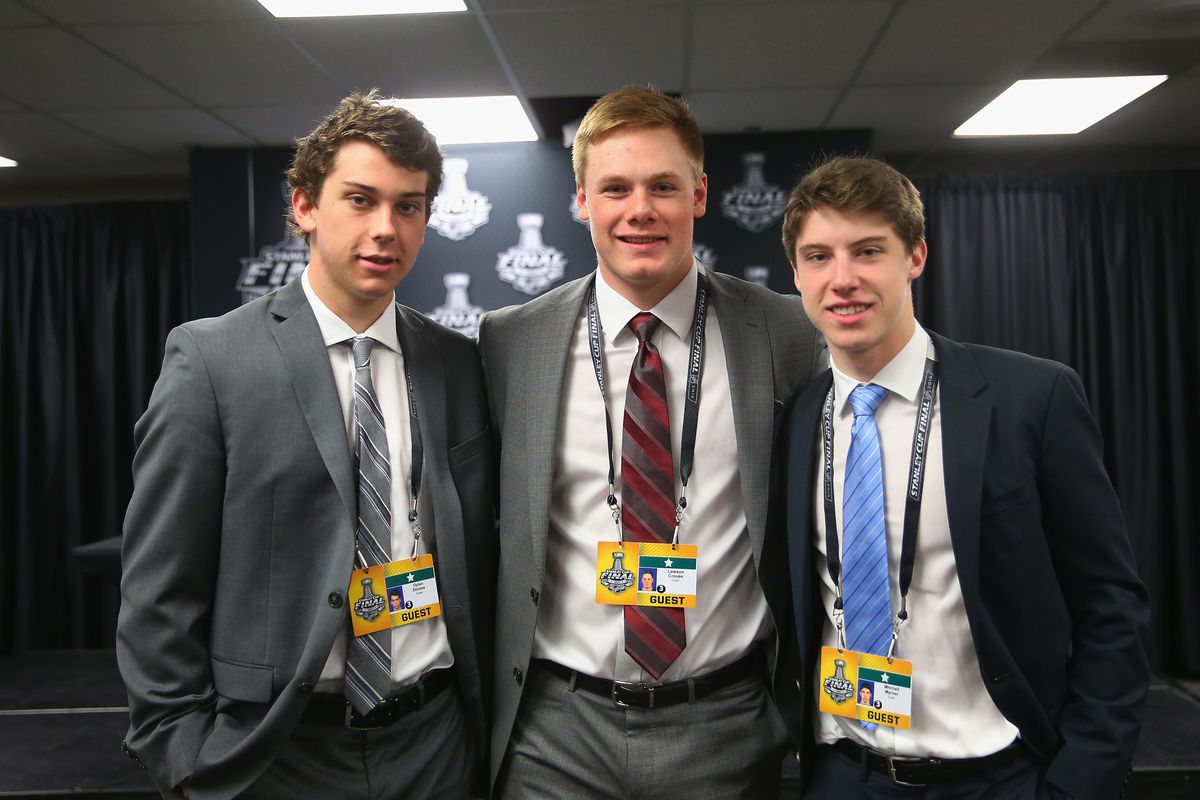 Upcoming NHL draft picks (l-r) Dylan Strome, Lawson Crouse and Mitchell Marner take part in a media availability at United Center on June 8, 2015 in Chicago, Illinois.