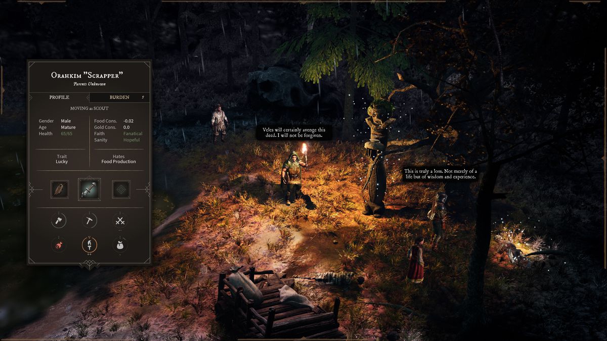 An in-game screenshot of Gord, in which a character holds aloft a torch and others survey a corpse at nighttime