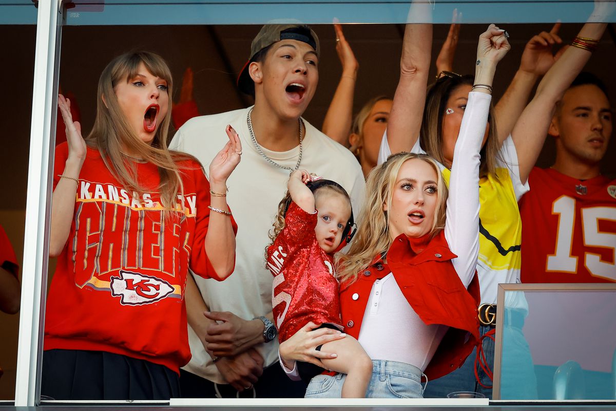 Taylor Swift and Brittany Mahomes react during a game between the Los Angeles Chargers and Kansas City Chiefs at GEHA Field at Arrowhead Stadium on October 22, 2023 in Kansas City, Missouri.