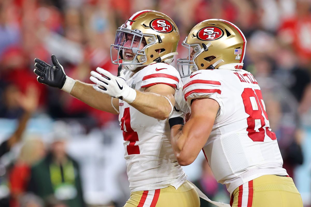 Kyle Juszczyk #44 of the San Francisco 49ers celebrates with George Kittle #85 after scoring a 15 yard touchdown in the second quarter against the Kansas City Chiefs in Super Bowl LIV at Hard Rock Stadium on February 02, 2020 in Miami, Florida.