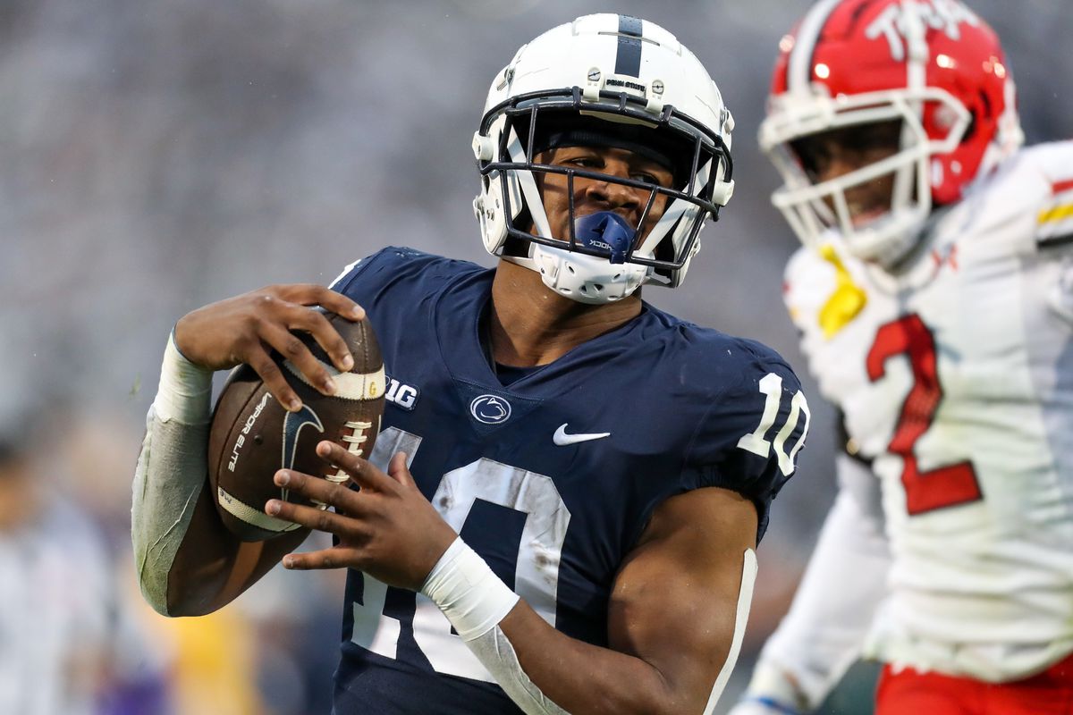 Nov 12, 2022; University Park, Pennsylvania, USA; Penn State Nittany Lions running back Nicholas Singleton (10) runs the ball into the end zone for a touchdown during the first quarter against the Maryland Terrapins at Beaver Stadium.