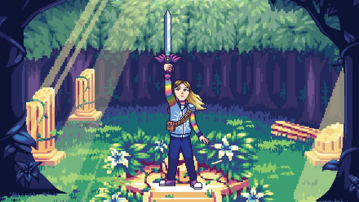 A blonde girl in a hoodie with rainbow-striped arms holds a sword aloft in a wooded, sunlit glen in a 16-bit-style promotional image for the Legend of Zelda documentary film Break the Game