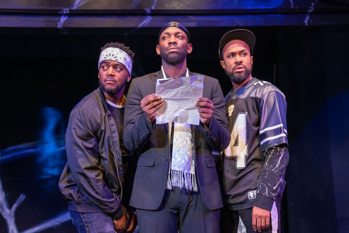Torn from the world they know without warning, Grif (Cage Sebastian Pierre, from left), Isa (Kai A. Ealy) and Daz (Charles Andrew Gardner) find themselves stuck in a cosmic waiting room in TimeLine Theatre’s Chicago premiere of “Kill Move Paradise.”