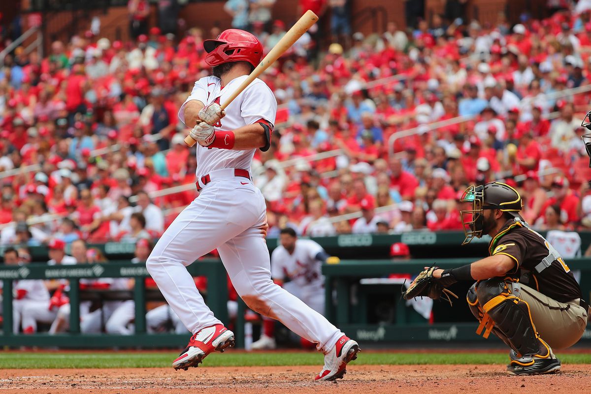 Paul Goldschmidt #46 of the St. Louis Cardinals extends his hitting streak to 23 games in the sixth inning against the San Diego Padres at Busch Stadium on June 1, 2022 in St Louis, Missouri.