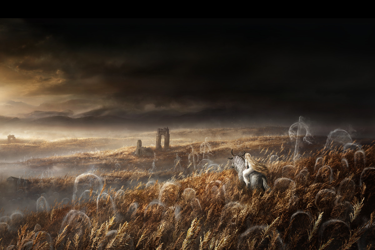 A dying Erdtree looms over a misty, ghostly landscape with a pale rider in it