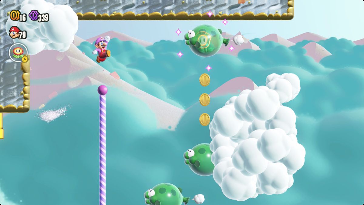 Super Mario Bros. Wonder Sunbaked Desert Special Pole Block Allure screenshot showing the Wonder Flower location.