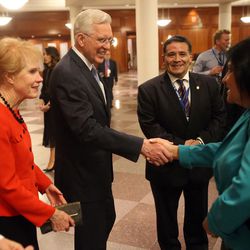 Elder D. Todd Christofferson and his wife, Kathy, greet guests prior to his speech to a group of about 250 Latin journalists from 24 nations participating in the 73rd general assembly of the Inter American Press Association at the Conference Center Theater in Salt Lake City, Saturday, October 28, 2017.
