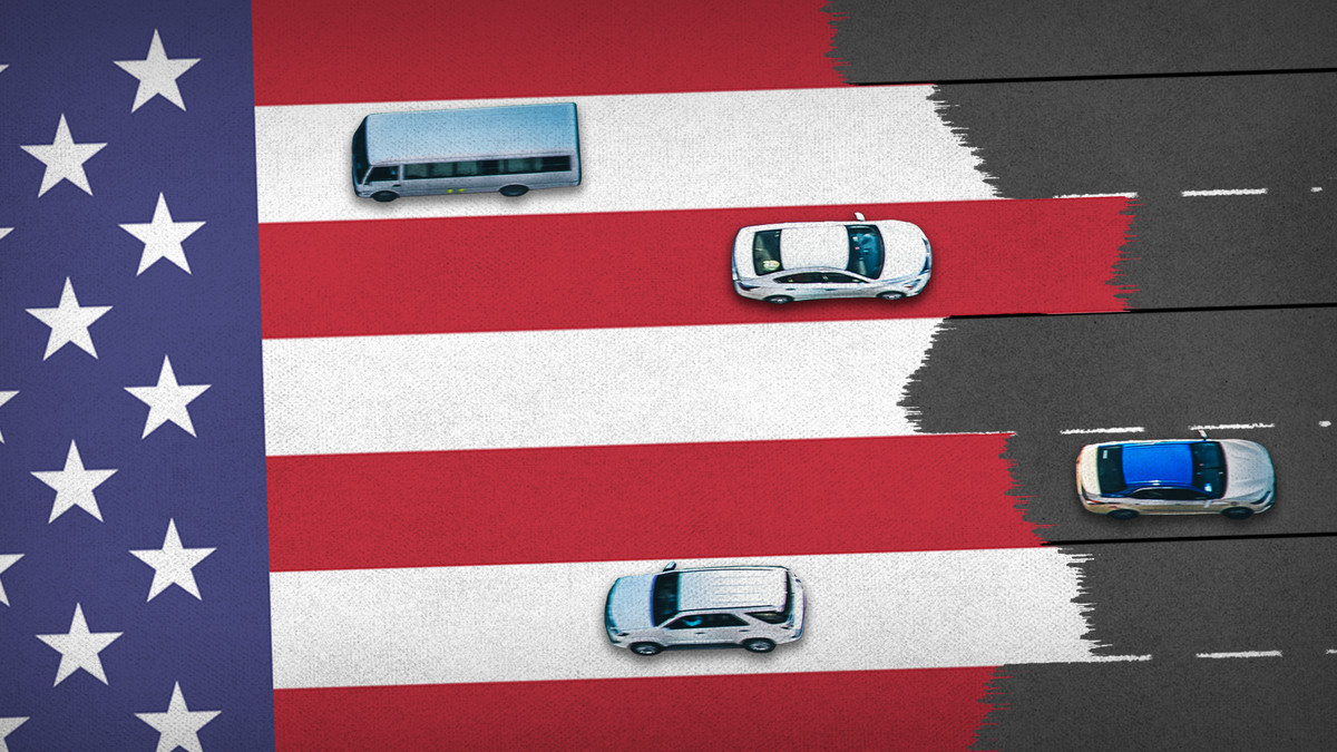 Illustration of cars driving on the red and white stripes of the American flag.